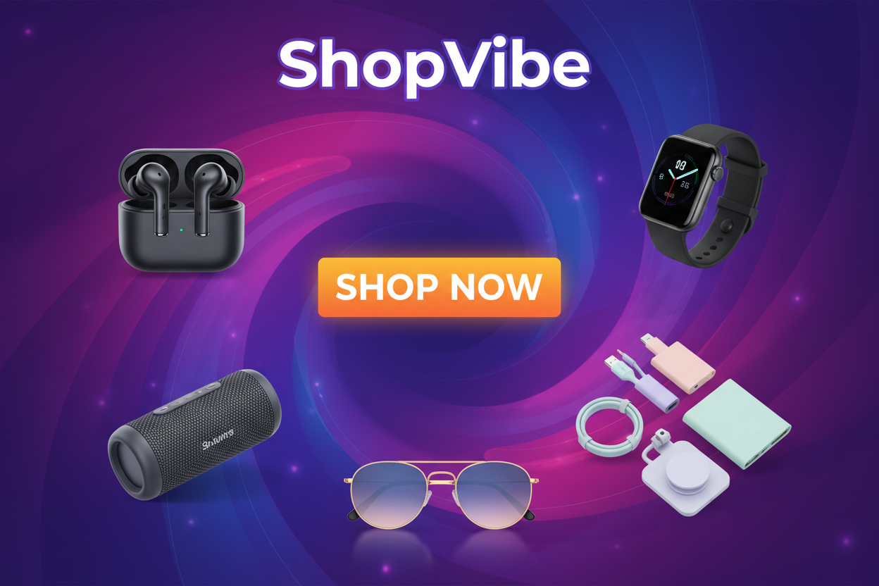 shopvibe is my dropshipping store name design me a good looking professional banner with shop now button and showcase some of the trending products and make it attractive